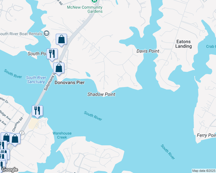 map of restaurants, bars, coffee shops, grocery stores, and more near 34 Shadow Point Court in Edgewater