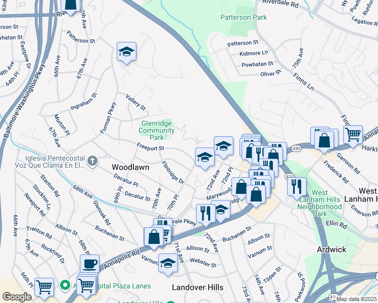 map of restaurants, bars, coffee shops, grocery stores, and more near 7010 Freeport Street in Hyattsville