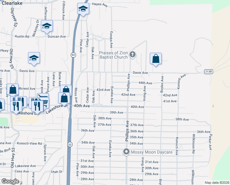 map of restaurants, bars, coffee shops, grocery stores, and more near 15790 42nd Avenue in Clearlake