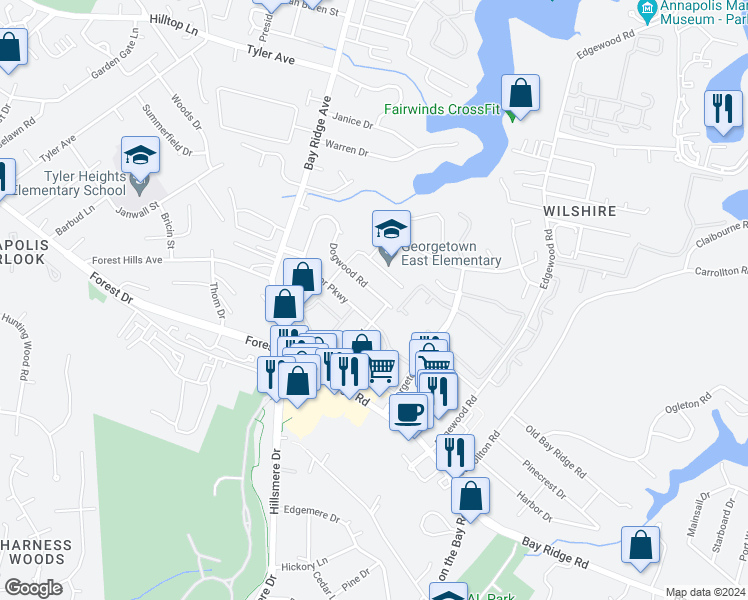 map of restaurants, bars, coffee shops, grocery stores, and more near 114 Dogwood Road in Annapolis