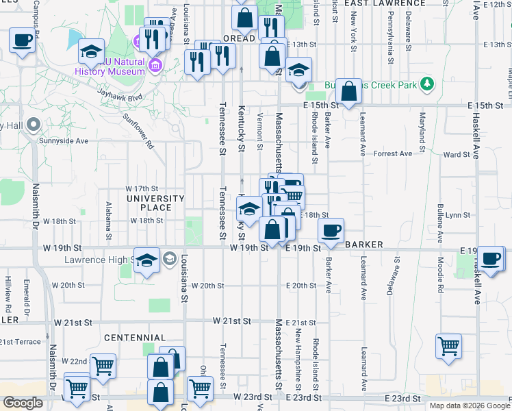 map of restaurants, bars, coffee shops, grocery stores, and more near 1744 Kentucky Street in Lawrence