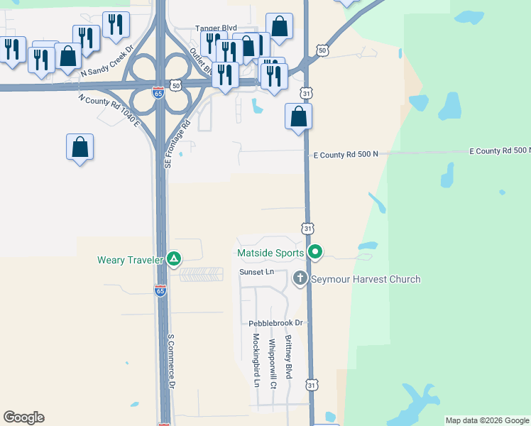 map of restaurants, bars, coffee shops, grocery stores, and more near 4844 U.S. 31 in Seymour
