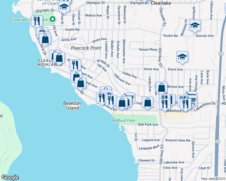 map of restaurants, bars, coffee shops, grocery stores, and more near 14661 Pearl Avenue in Clearlake
