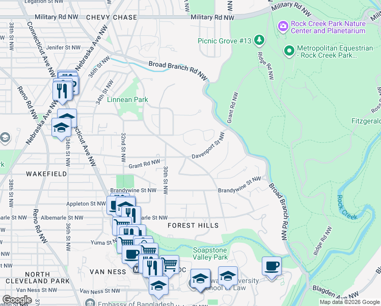 map of restaurants, bars, coffee shops, grocery stores, and more near 2909 Davenport Street Northwest in Washington
