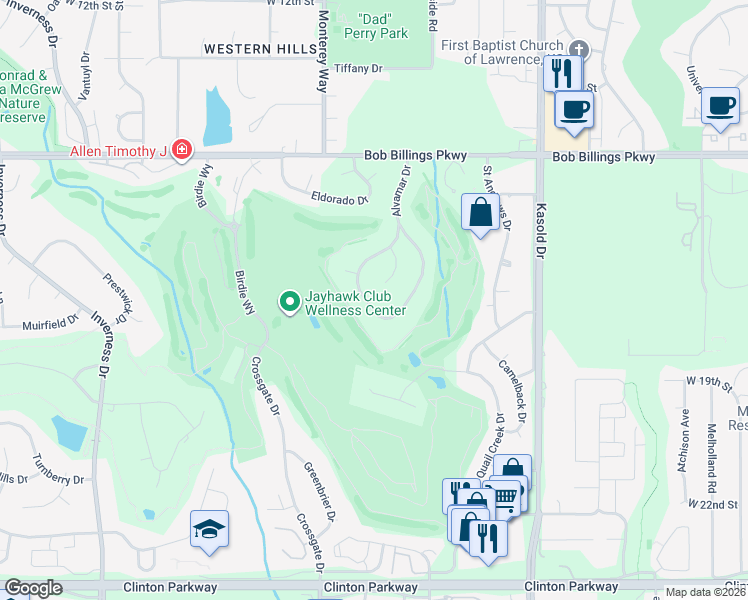 map of restaurants, bars, coffee shops, grocery stores, and more near 1556 Alvamar Drive in Lawrence