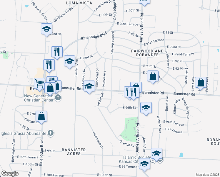 map of restaurants, bars, coffee shops, grocery stores, and more near 9416 Manchester Avenue in Kansas City