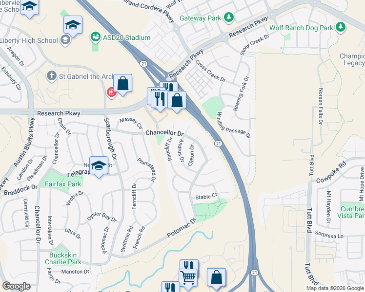 map of restaurants, bars, coffee shops, grocery stores, and more near 8349 Andrus Drive in Colorado Springs