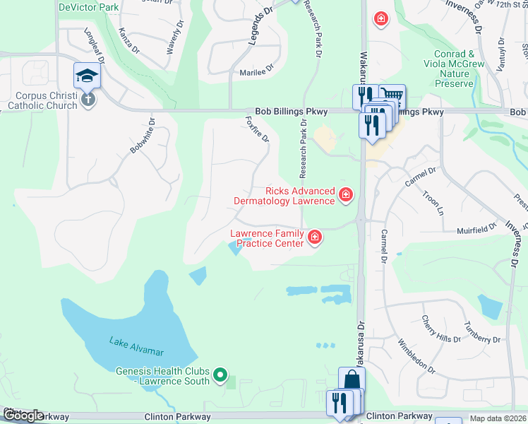 map of restaurants, bars, coffee shops, grocery stores, and more near 5013 Keystone Ct in Lawrence