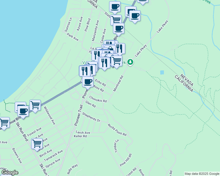 map of restaurants, bars, coffee shops, grocery stores, and more near 1053 Moss Road in South Lake Tahoe