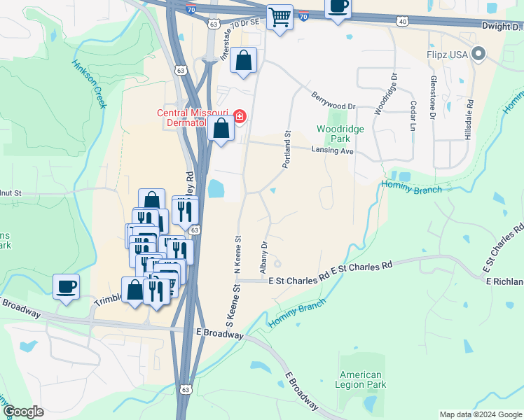 map of restaurants, bars, coffee shops, grocery stores, and more near 113 Albany Drive in Columbia