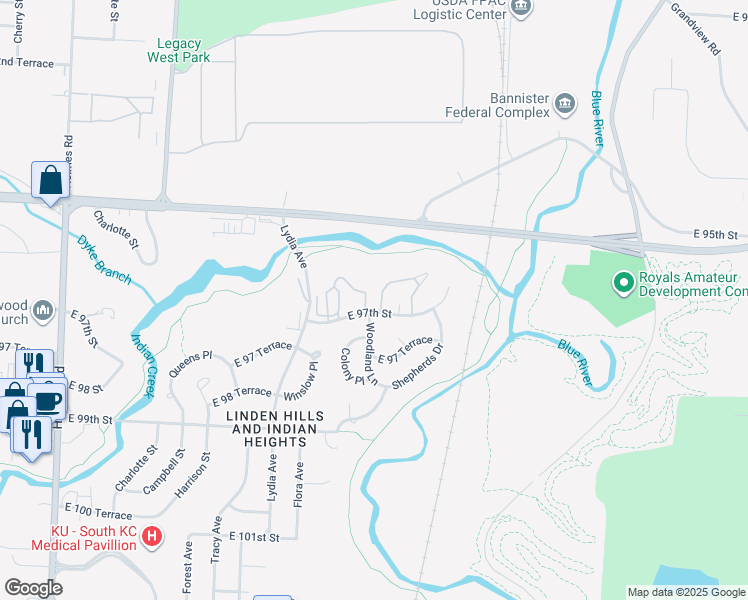 map of restaurants, bars, coffee shops, grocery stores, and more near 1700 East 97th Street in Kansas City