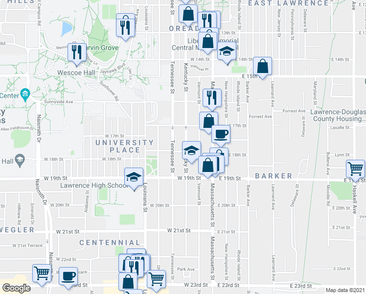 map of restaurants, bars, coffee shops, grocery stores, and more near 1744 Kentucky Street in Lawrence
