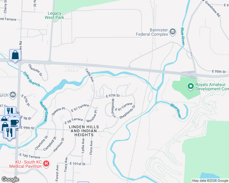 map of restaurants, bars, coffee shops, grocery stores, and more near 1700 East 97th Street in Kansas City