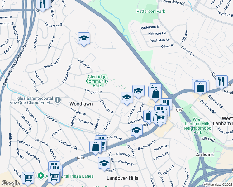 map of restaurants, bars, coffee shops, grocery stores, and more near 7008 Freeport Street in Hyattsville