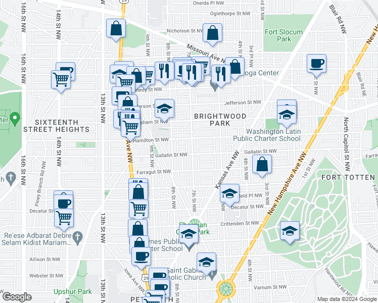 map of restaurants, bars, coffee shops, grocery stores, and more near 5102 7th Street Northwest in Washington
