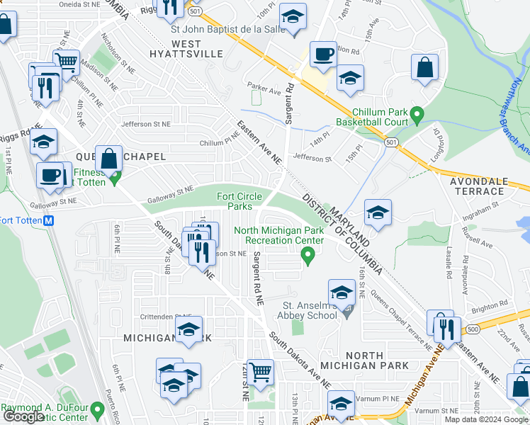 map of restaurants, bars, coffee shops, grocery stores, and more near 5059 Sargent Road Northeast in Washington