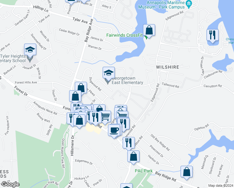 map of restaurants, bars, coffee shops, grocery stores, and more near 128 Dumbarton Drive in Annapolis