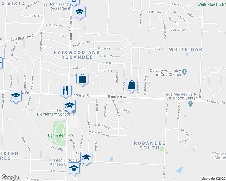 map of restaurants, bars, coffee shops, grocery stores, and more near 8613 East 93rd Street in Kansas City