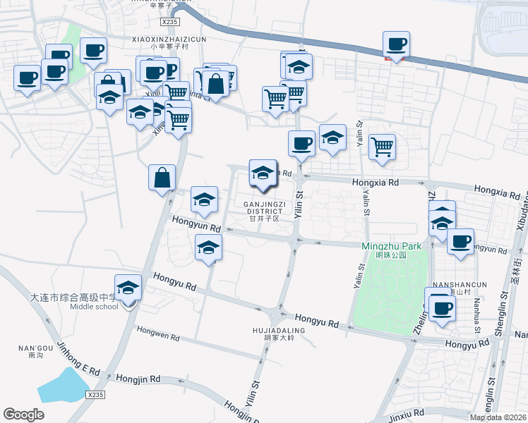 map of restaurants, bars, coffee shops, grocery stores, and more near in Dalian