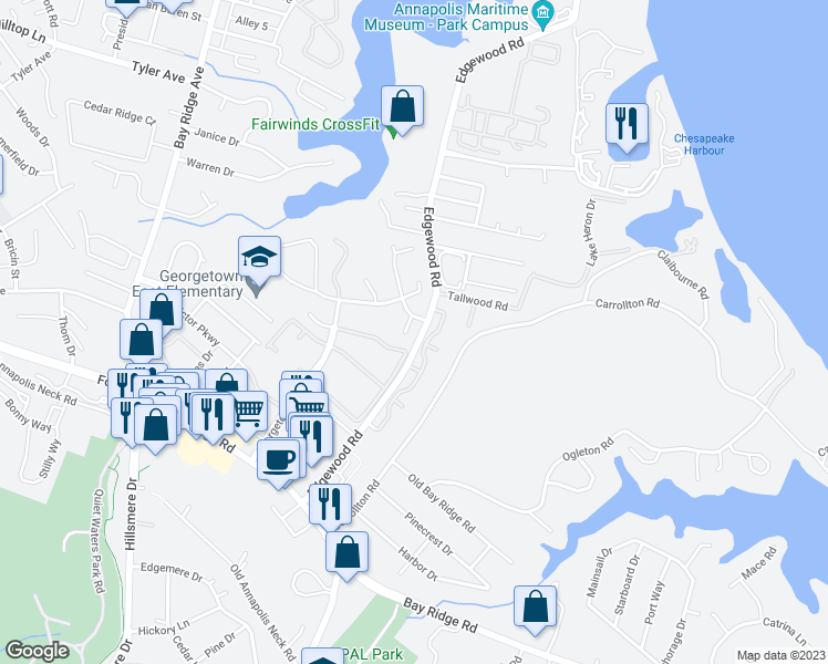 map of restaurants, bars, coffee shops, grocery stores, and more near 4 Skippers Court in Annapolis