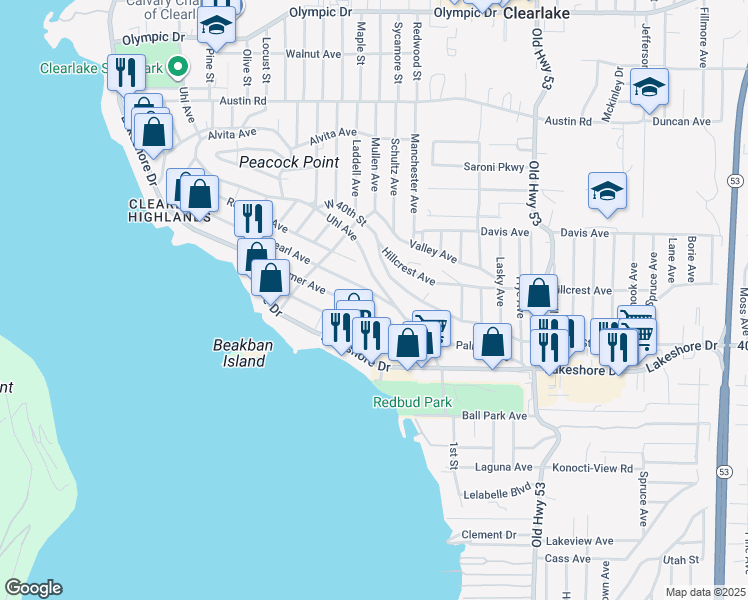 map of restaurants, bars, coffee shops, grocery stores, and more near 14659 Pearl Avenue in Clearlake