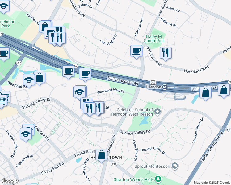 map of restaurants, bars, coffee shops, grocery stores, and more near 12880 Mosaic Park Way in Herndon