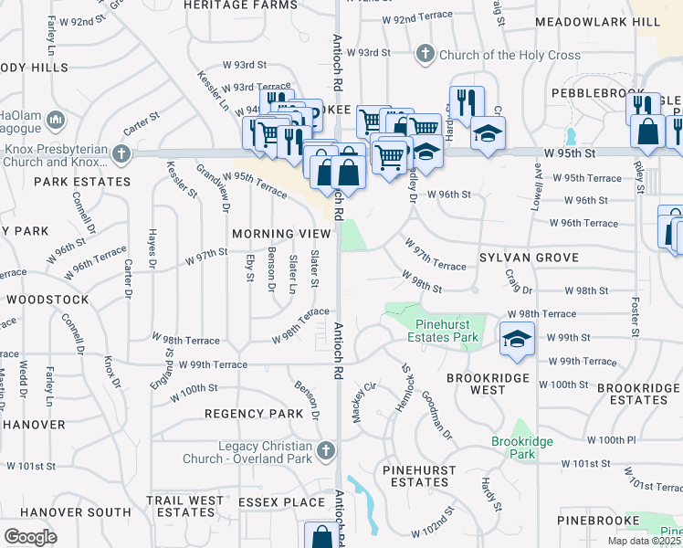 map of restaurants, bars, coffee shops, grocery stores, and more near 9767 Antioch Road in Overland Park