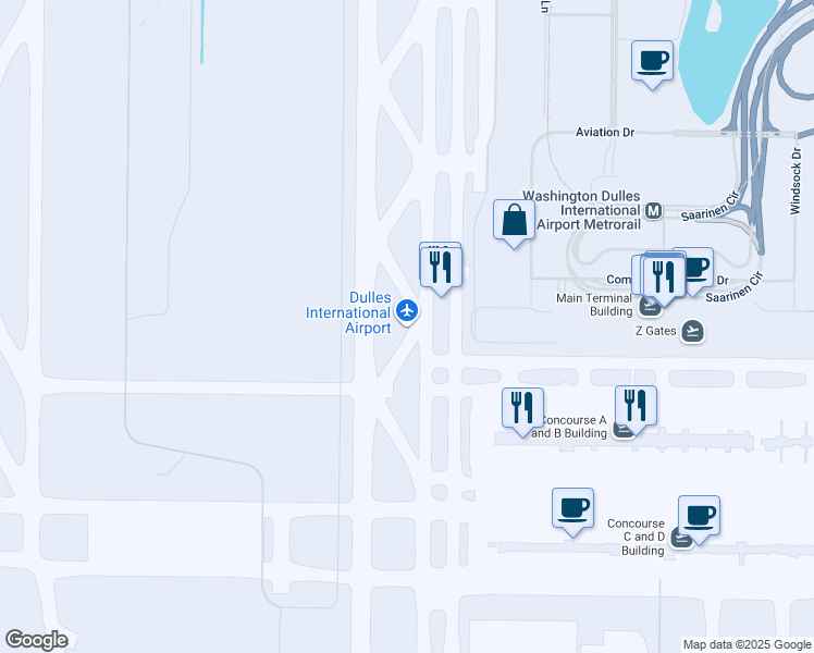 map of restaurants, bars, coffee shops, grocery stores, and more near 1 Saarinen Circle in Dulles