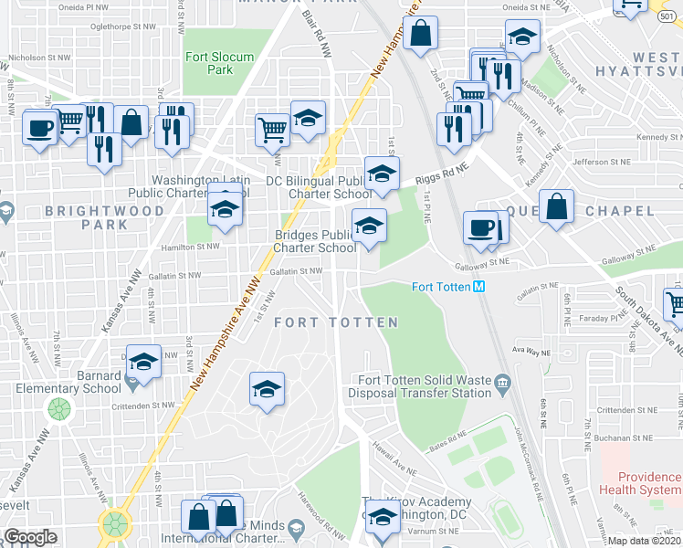 map of restaurants, bars, coffee shops, grocery stores, and more near 5049 North Capitol Street Northeast in Washington