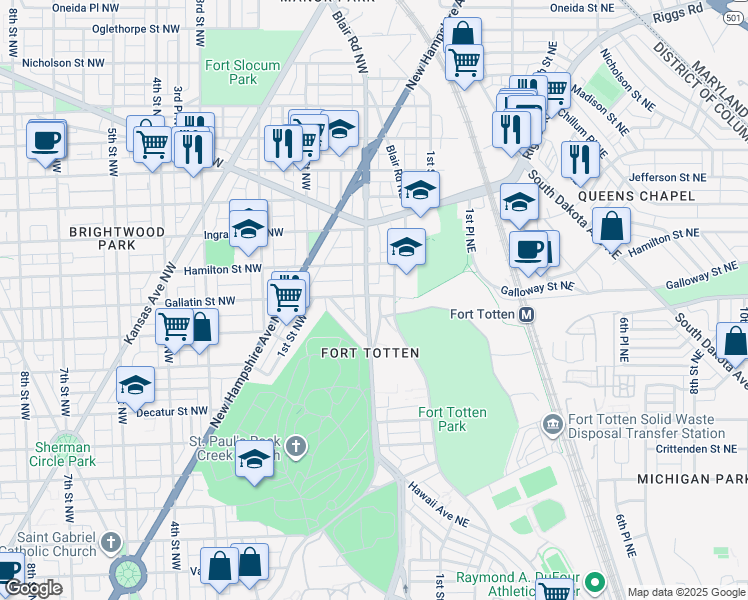 map of restaurants, bars, coffee shops, grocery stores, and more near 5049 North Capitol Street Northeast in Washington