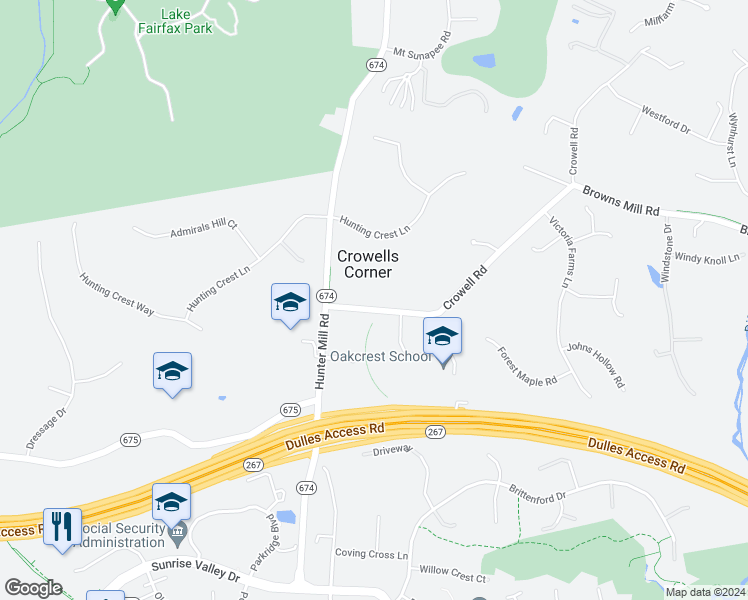map of restaurants, bars, coffee shops, grocery stores, and more near 1628 Crowell Road in Vienna