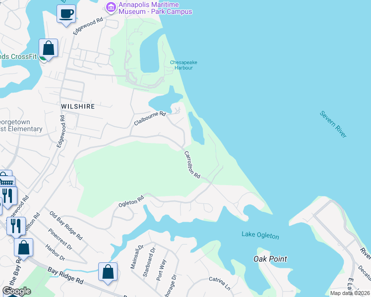 map of restaurants, bars, coffee shops, grocery stores, and more near 2640 Carrollton Road in Annapolis