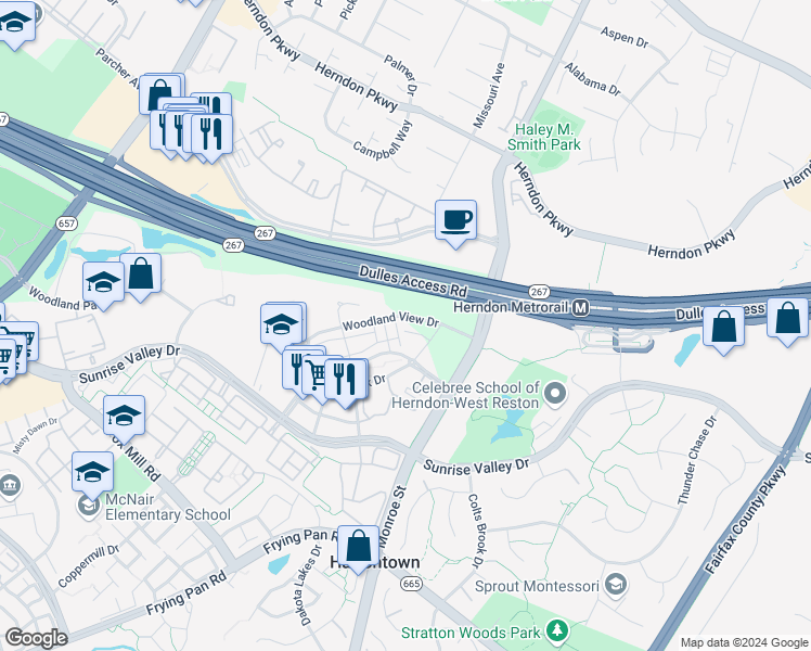 map of restaurants, bars, coffee shops, grocery stores, and more near 12880 Mosaic Park Way in Herndon