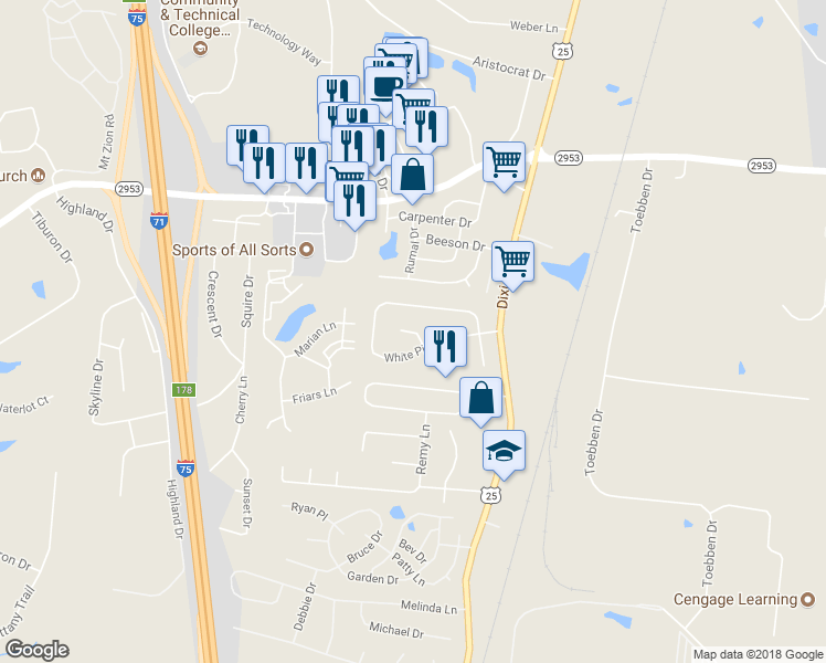map of restaurants, bars, coffee shops, grocery stores, and more near 111 Ponderosa Lane in Florence