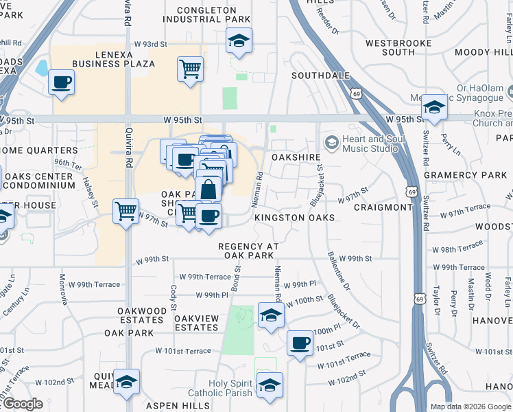 map of restaurants, bars, coffee shops, grocery stores, and more near 11052 West 97th Circle in Overland Park