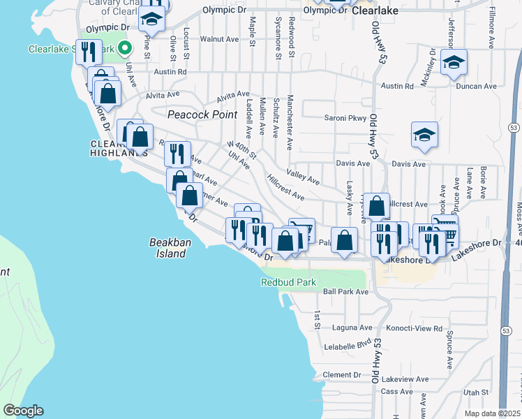 map of restaurants, bars, coffee shops, grocery stores, and more near 14659 Pearl Avenue in Clearlake