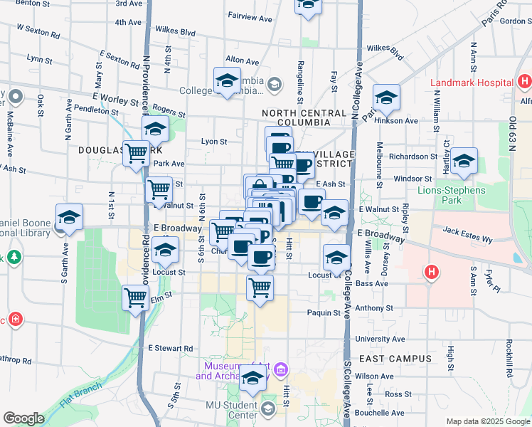 map of restaurants, bars, coffee shops, grocery stores, and more near 916 East Walnut Street in Columbia