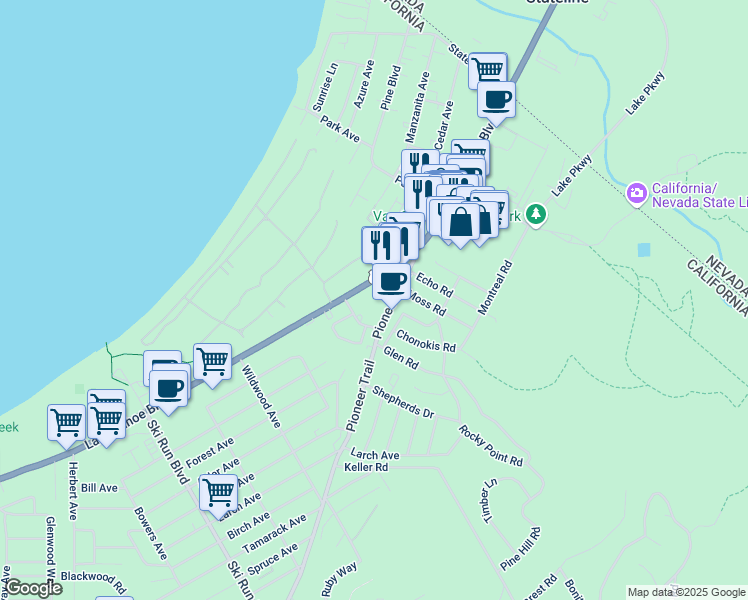 map of restaurants, bars, coffee shops, grocery stores, and more near 3897 Pioneer Trail in South Lake Tahoe