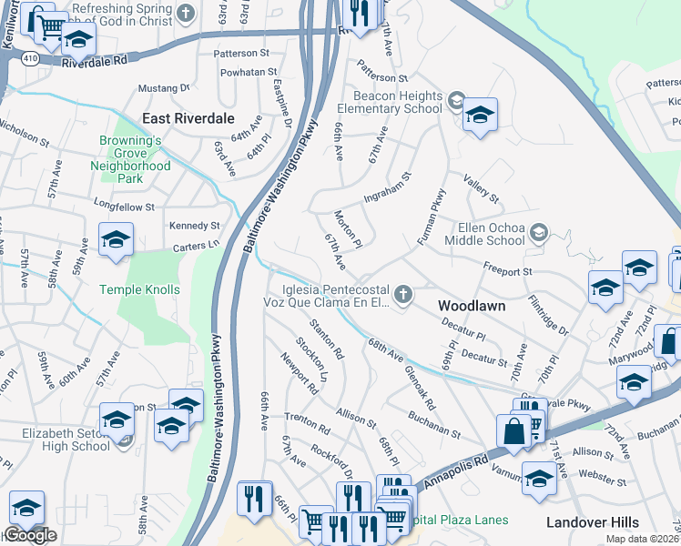 map of restaurants, bars, coffee shops, grocery stores, and more near 5312 67th Avenue in Woodlawn
