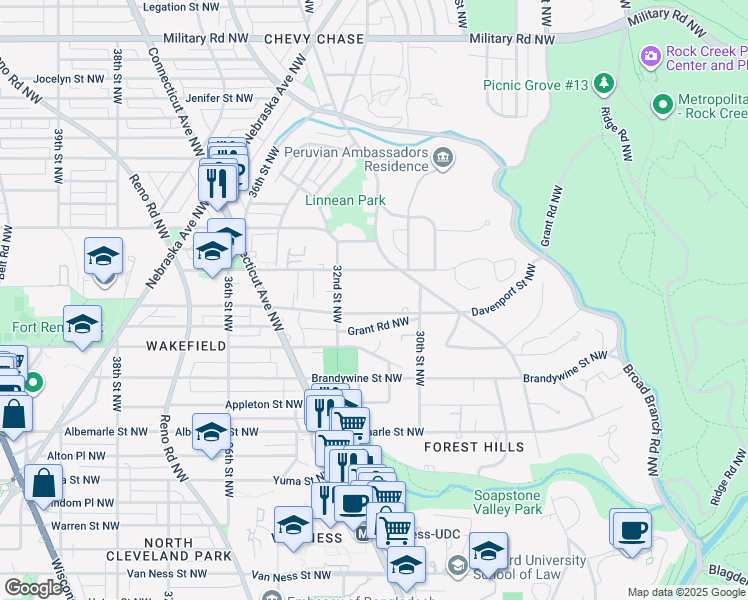 map of restaurants, bars, coffee shops, grocery stores, and more near 3045 Davenport St NW in Washington