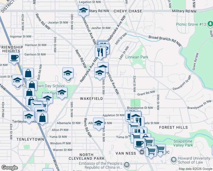map of restaurants, bars, coffee shops, grocery stores, and more near 3525 Davenport Street Northwest in Washington