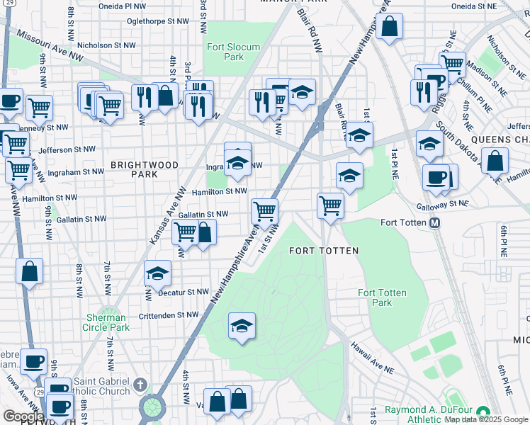 map of restaurants, bars, coffee shops, grocery stores, and more near New Hampshire Ave NW & Gallatin St NW in Washington