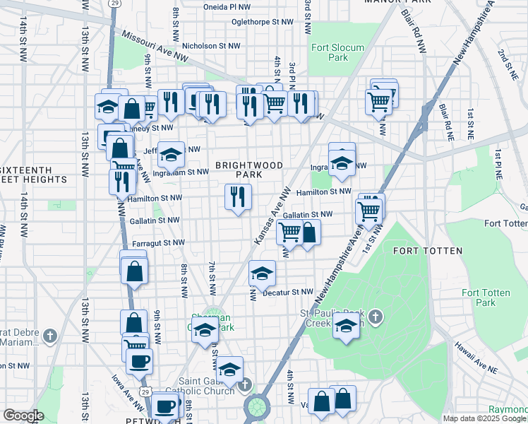 map of restaurants, bars, coffee shops, grocery stores, and more near 415 Gallatin Street Northwest in Washington