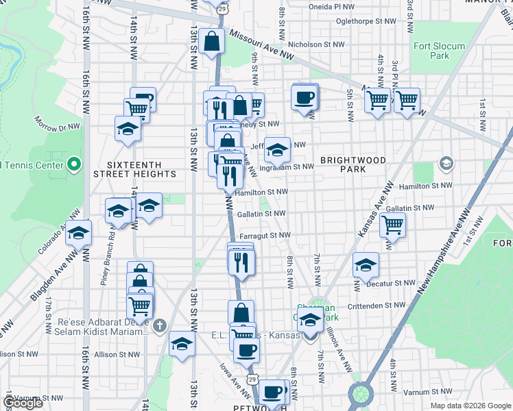 map of restaurants, bars, coffee shops, grocery stores, and more near 5110 9th Street Northwest in Washington