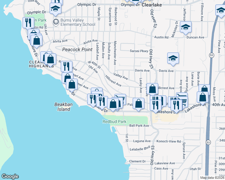 map of restaurants, bars, coffee shops, grocery stores, and more near 4681 West 40th Street in Clearlake