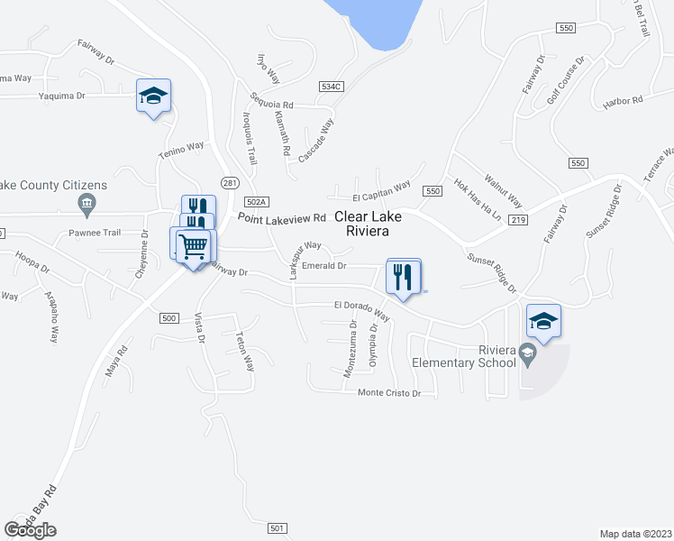 map of restaurants, bars, coffee shops, grocery stores, and more near 10015 Emerald Drive in Kelseyville