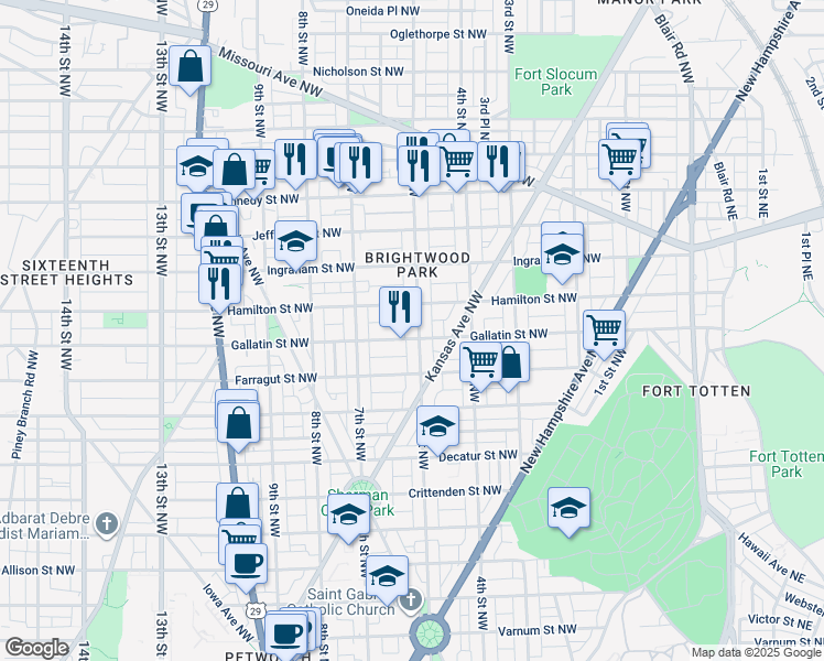 map of restaurants, bars, coffee shops, grocery stores, and more near 5104 5th Street Northwest in Washington