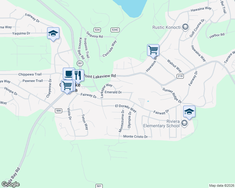 map of restaurants, bars, coffee shops, grocery stores, and more near 10015 Emerald Drive in Kelseyville