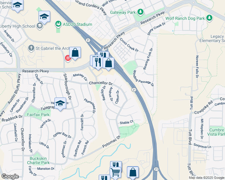 map of restaurants, bars, coffee shops, grocery stores, and more near 8355 Andrus Drive in Colorado Springs