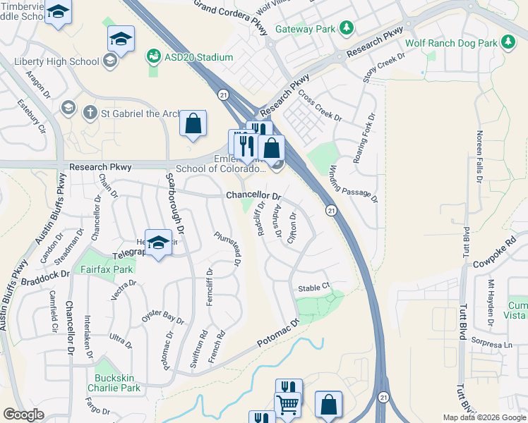 map of restaurants, bars, coffee shops, grocery stores, and more near 8243 Radcliff Drive in Colorado Springs